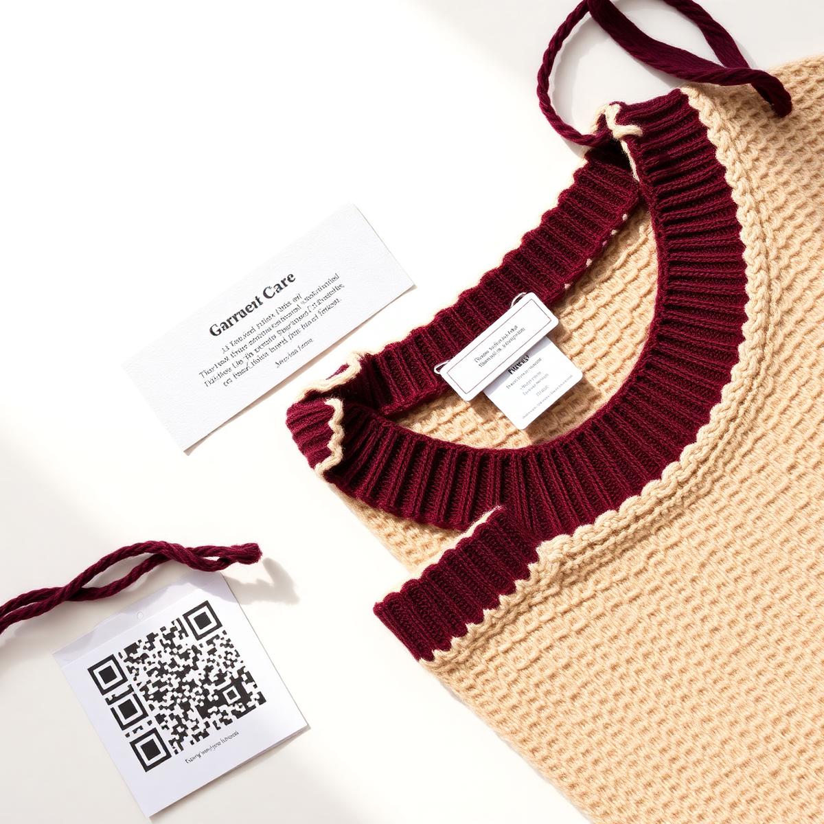 Etiqueta de cuidado y tarjeta con código QR junto a una prenda tejida
